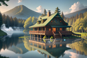 Naklejka premium Cozy cabin by a serene lake with mountain views 