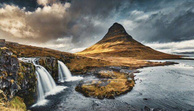Scenic image of Icelands. Incredible Nature scenery during sunset. Great view on famous Mount Kirkland with Colorful, dramatic sky. popular plase for photographers. Best famous travel location.