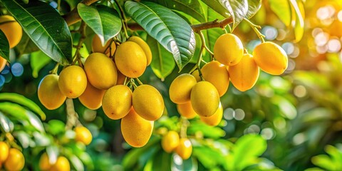 Vibrant yellow Waa tree fruit hangs in clusters from a branch, its smooth skin glistening in the sunlight, surrounded by lush green leaves.