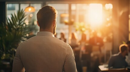 A confident business leader delivers a motivational speech to an audience, illuminated by dramatic lighting, embodying leadership and inspiration..