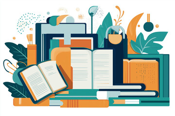 A visually engaging educational graphic with elements like books, notebooks, and digital tablets, designed to convey the concept of learning and academic growth