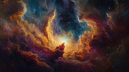 Obraz premium Stellar Birth: A Cosmic Tapestry of Gas and Dust in an Oil Painting, Embracing the Warmth and Energy of Newborn Stars