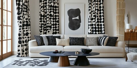 White sofa, black and white curtains, and abstract art.