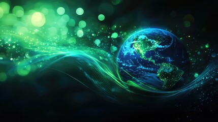 Blue and green Earth with glowing waves and bokeh lights, symbolizing the fusion of technology and environmental awareness