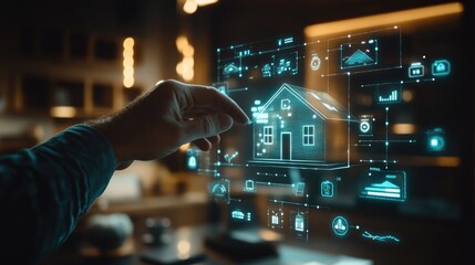 A person interacts with a holographic smart home interface, showcasing various connected devices and home automation features in a modern setting..
