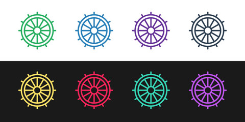 Set line Ship steering wheel icon isolated on black and white background. Vector