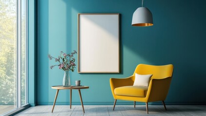 vibrant blue wall with an empty frame hanging on it