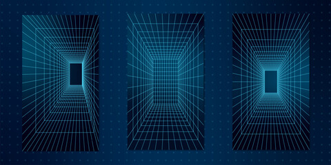 Geometry wireframe grid tunnels in 3D, featuring abstract shapes. Neon blue lines create a retro y2k cyberpunk aesthetic. Tech mesh patterns dominate this futuristic design element set.