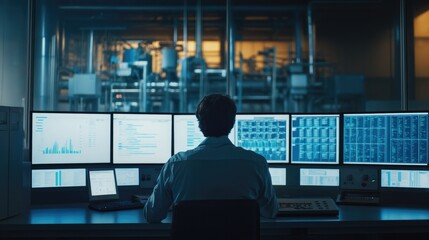 Fototapeta premium Engineer analyzing complex data on multiple screens in a high-tech control room, overseeing advanced operations and system performance..