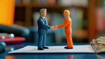 Fototapeta premium Business-themed plastic figures shaking hands on a contract, symbolizing agreement in a modern creative office