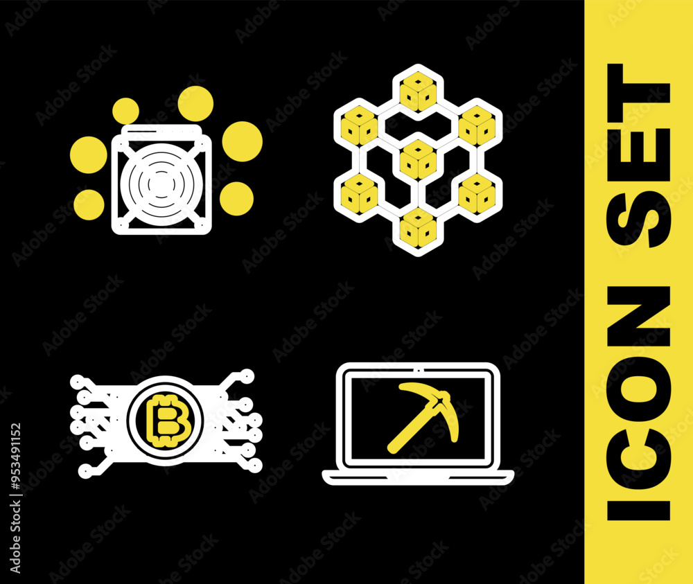Poster set line blockchain technology, mining with laptop and pickaxe, cryptocurrency bitcoin circuit and a