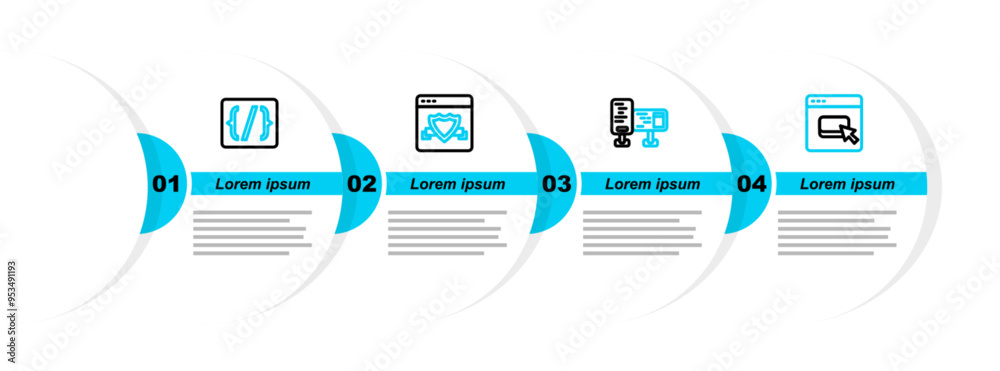 Poster set line browser files, computer monitor screen, with shield and programming language syntax icon. v
