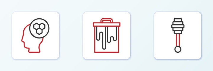 Set line Honey dipper stick, Beekeeper and Honeycomb icon. Vector
