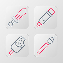 Set line Paint brush, Ice cream, Pencil with eraser and Sword toy icon. Vector