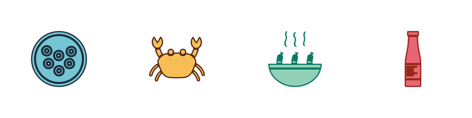 Set Caviar on a plate, Crab, Soup with shrimps and Sauce bottle icon. Vector