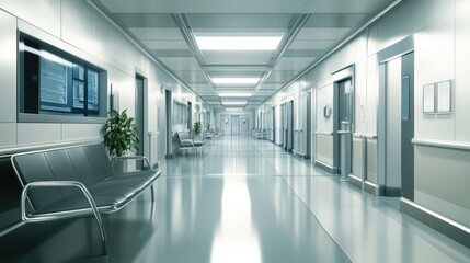 A clean, empty hospital corridor with bright lighting, white walls, and chairs along the side, representing a modern healthcare facility..