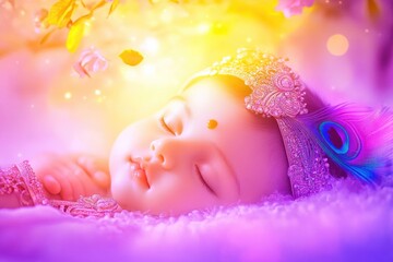 Serene baby krishna sleeping under bright colors and floral decor