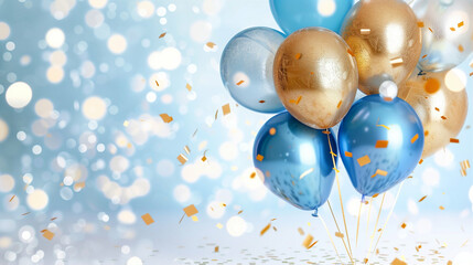 Balloons celebration with blue and gold balloons and confetti