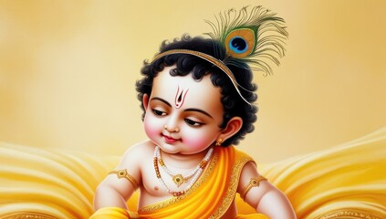 Adorable baby krishna in yellow attire with peacock feather against golden background