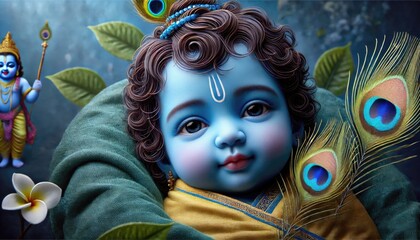 Divine representation of baby krishna with peacock feathers and hindu mythology theme