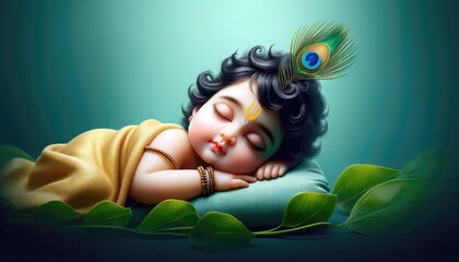 Peaceful baby krishna sleeping in serene green setting with peacock feather
