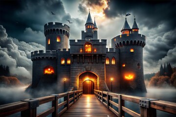 Obraz premium Haunted Castle with Lit Jack-o'-Lanterns, Spooky Halloween Scene at Night
