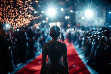 model walking on red carpet A glamorous shot of a celebrity attending a high-profile event, with red carpet arrivals and flashbulbs capturing the excitement of the moment