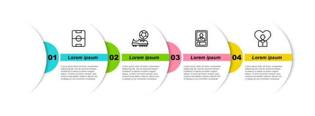 Set line Football field, shoes, or soccer card and player. Business infographic template. Vector