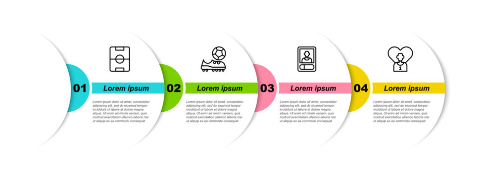 Set line Football field, shoes, or soccer card and player. Business infographic template. Vector