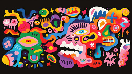 This vibrant artwork features an array of playful shapes, colors, and characters intermingling in a joyful, abstract design