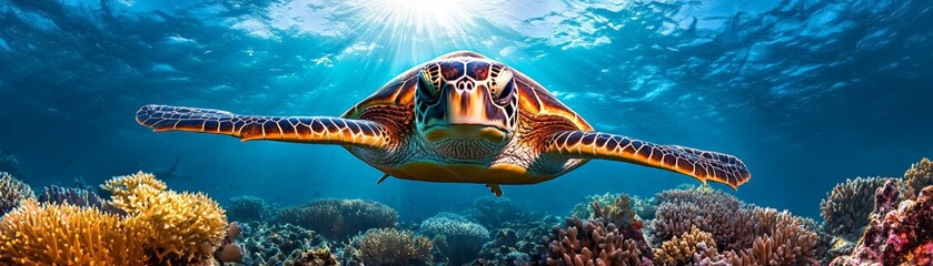 Fototapeta premium Sea Turtle Gliding Over Vibrant Coral Reef