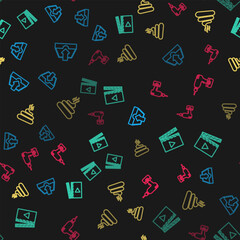 Set line Download inbox, Movie clapper, Shit and Drill machine on seamless pattern. Vector
