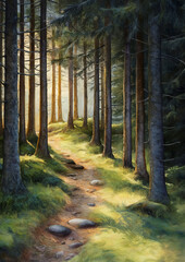 illustration of forest pathway painting in watercolor