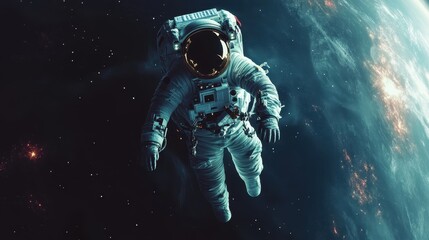 Fototapeta premium A man in a spacesuit is floating in space