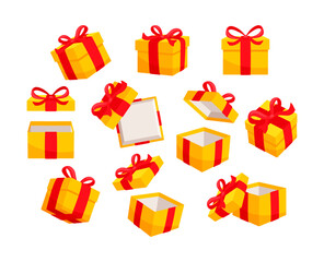 Set of yellow gift boxes decorated with red ribbons, some of them closed, some of them open, isolated on white background