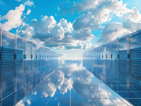 Endless Cloud Server Farm Mirrored in a Boundless Sky Symbolizing the Scalable Nature of Cloud Computing