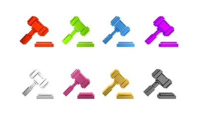 Colorful Judge gavel icon isolated on white background. Gavel for adjudication of sentences and bills, court, justice. Auction hammer. Minimalism concept. 3D render illustration