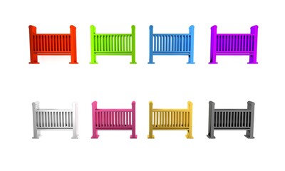 Colorful Baby crib cradle bed icon isolated on white background. Minimalism concept. 3D render illustration
