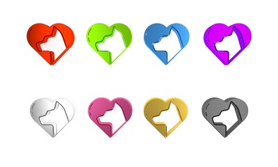 Colorful Heart with cat icon isolated on white background. Love to the animals. Minimalism concept. 3D render illustration