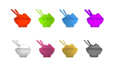 Colorful Rice in a bowl with chopstick icon isolated on white background. Traditional Asian food. Minimalism concept. 3D render illustration