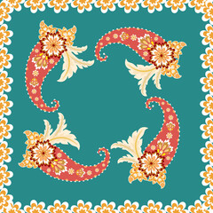 Abstract Pink Paisley framed with gold flowers on a mint green background.

