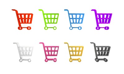 Colorful Shopping cart icon isolated on white background. Online buying concept. Delivery service sign. Supermarket basket symbol. Minimalism concept. 3D render illustration