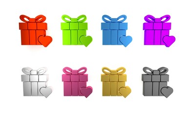 Colorful Gift box and heart icon isolated on white background. Valentines day. Minimalism concept. 3D render illustration