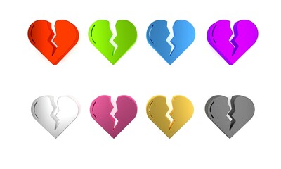 Colorful Broken heart or divorce icon isolated on white background. Love symbol. Valentines day. Minimalism concept. 3D render illustration