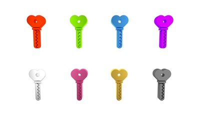 Colorful Key in heart shape icon isolated on white background. Valentines day. Minimalism concept. 3D render illustration