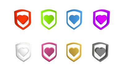 Colorful Heart with shield icon isolated on white background. Love symbol. Security, safety, protection, protect concept. Valentines day. Minimalism concept. 3D render illustration