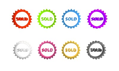 Colorful Sold label icon isolated on white background. Minimalism concept. 3D render illustration