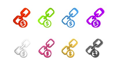 Colorful Chain link and coin icon isolated on white background. Link single. Hyperlink chain symbol. Minimalism concept. 3D render illustration