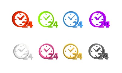 Colorful Clock 24 hours icon isolated on white background. All day cyclic icon. 24 hours service symbol. Minimalism concept. 3D render illustration