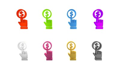 Colorful Hand holding coin icon isolated on white background. Dollar or USD symbol. Cash Banking currency sign. Minimalism concept. 3D render illustration